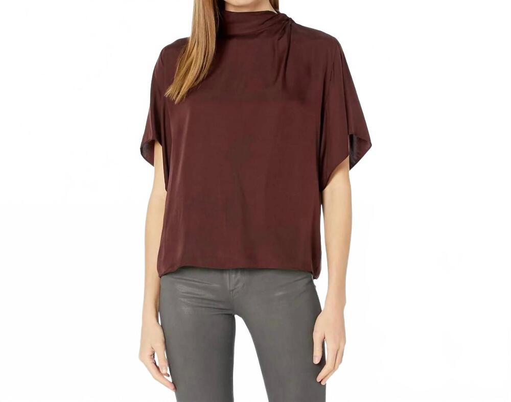 NEW VINCE twist neck flutter sleeve blouse in black plum